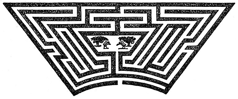 Black-and-white plan of Hampton Court's hedge maze, with branching corridors, dead ends, and a central enclosure