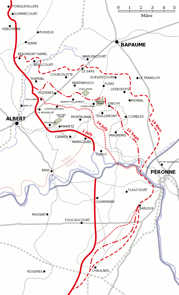Map of the Somme battlefield showing Albert, the River Ancre, Serre, Montauban, and successive front lines in 1916