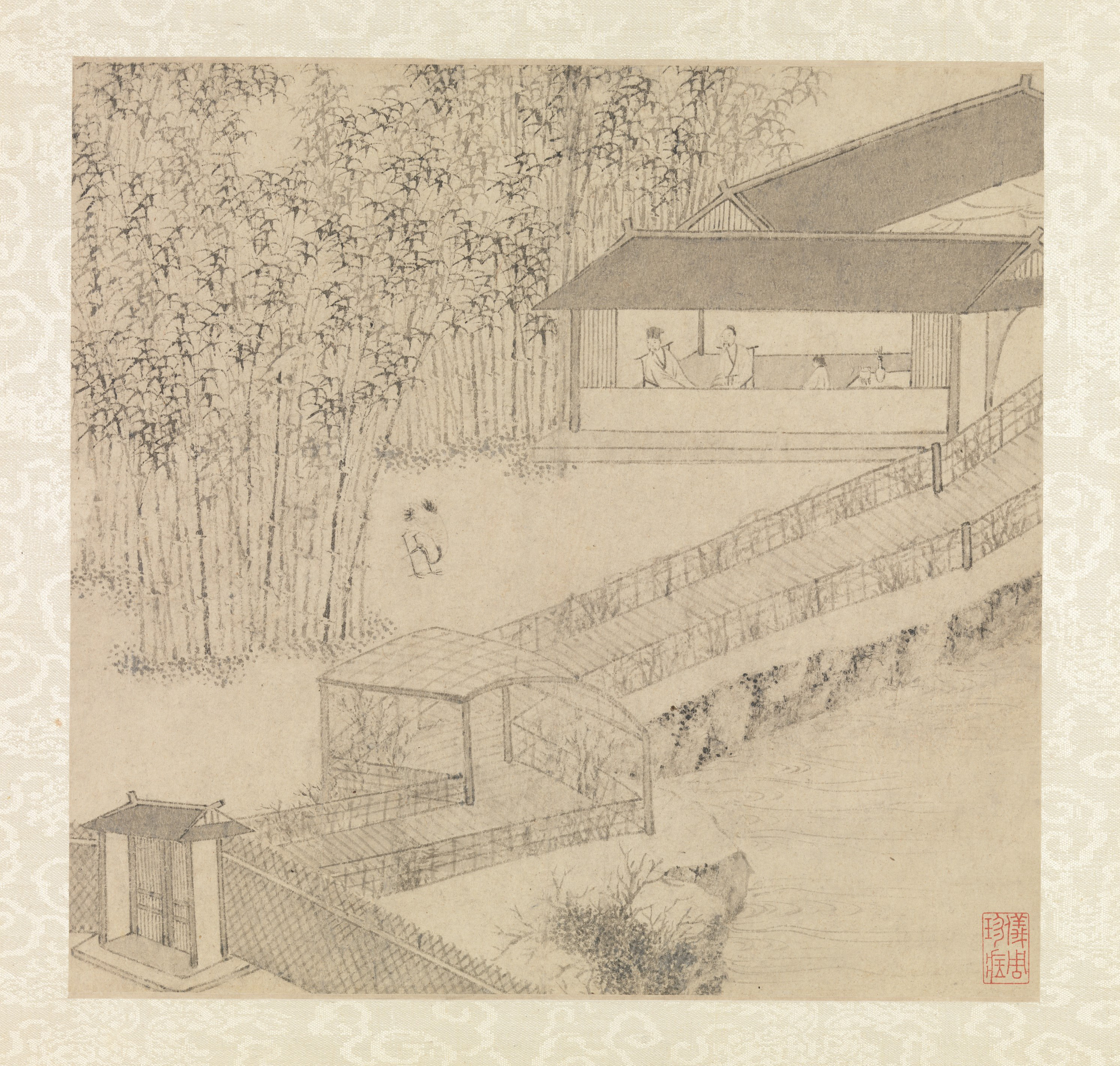 Ink painting by Wen Zhengming showing a bamboo grove, a pavilion with seated figures, and enclosed garden paths